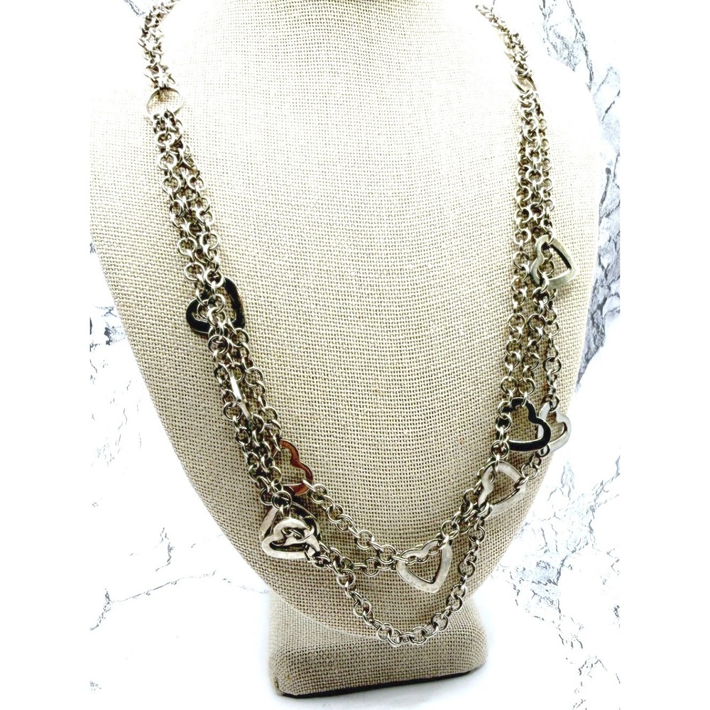 Silver Tone Heart Charm Layered Necklace Toggle 3 Strands 18" Multi Strand